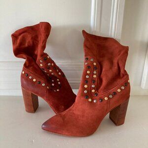NWOT Free People Studded Dakota Red/Cinnamon Suede Heeled Boots Sz 9.5